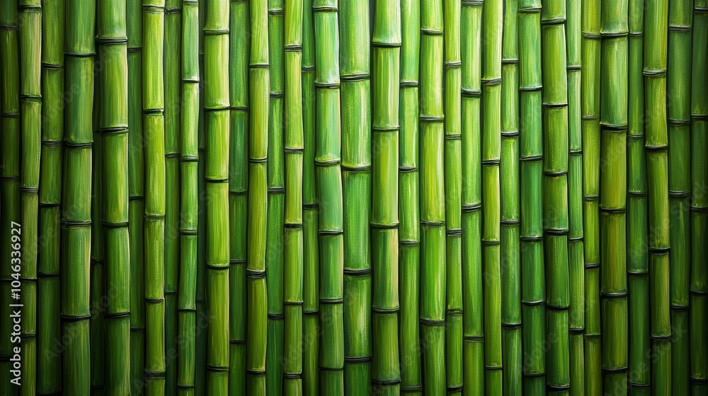 Close-up of vibrant green bamboo stalks arranged in a neat pattern, showcasing their natural texture and color.