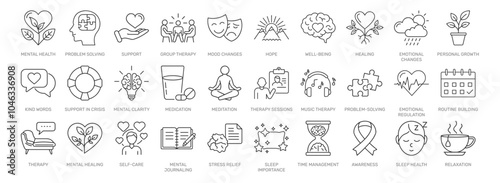 Mental Health, Wellness line icon set. Vector pictograms of well-being, group therapy, self-care, personal growth, support group, positive thinking, meditation thin linear illustration.