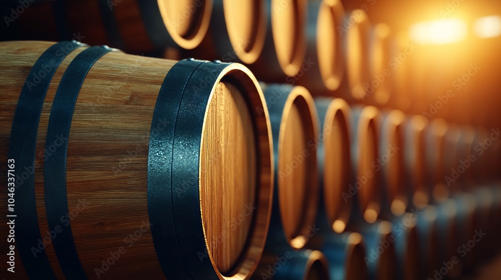 Close-up of wooden barrels arranged in a row, capturing the warm glow of sunlight highlighting their textured surface and craftsmanship. Close-up of wooden barrels arranged in a row, capturing the warm glow of sunlight highlighting their textured surface and craftsmanship.
