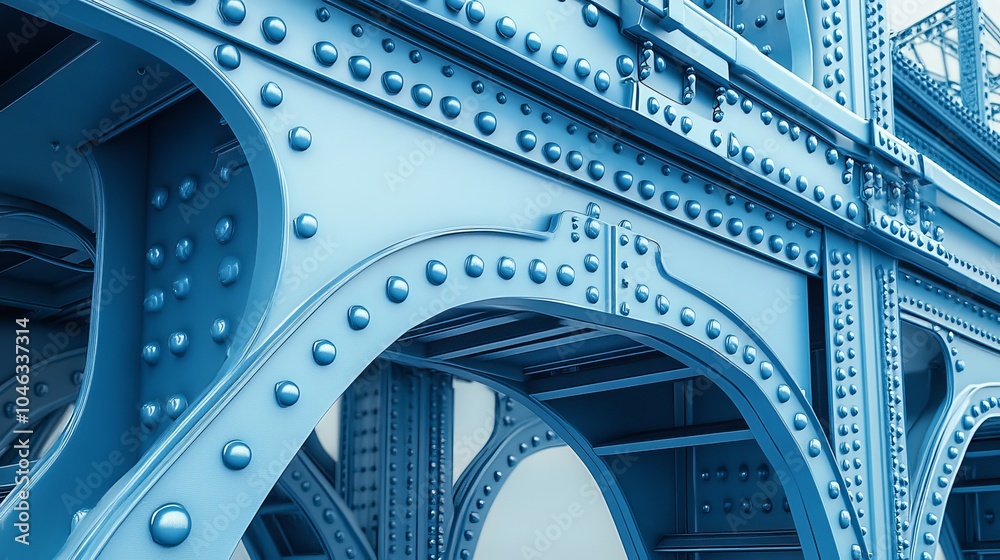 Naklejka premium Close-up view of a blue metal bridge structure highlighting intricate details and unique design features.