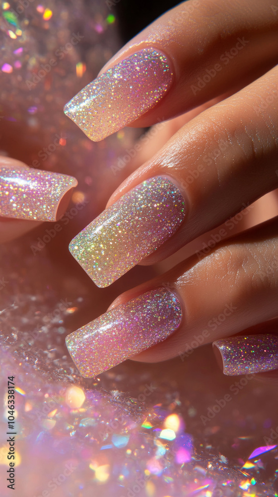Woman hand with manicure in fashion shimmering holographic silver sparkle. Pretty elegant acrylic gel polish stiletto nail manicure wear armor long nails pose for spa salon xmas advertising Woman hand with manicure in fashion shimmering holographic silver sparkle. Pretty elegant acrylic gel polish stiletto nail manicure wear armor long nails pose for spa salon xmas advertising