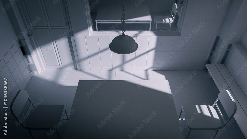 Fototapeta premium Interrogation room scene premium photo 3d renderA dark room with a table and two chairs. The room is empty and the light is shining through the windows
