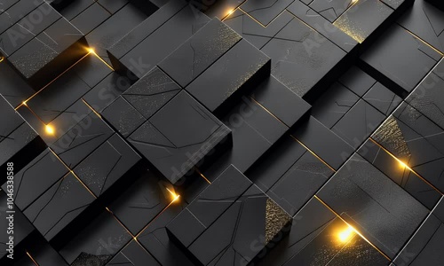 Abstract black background with golden lines and cubes, luxury geometric pattern for presentation design. 