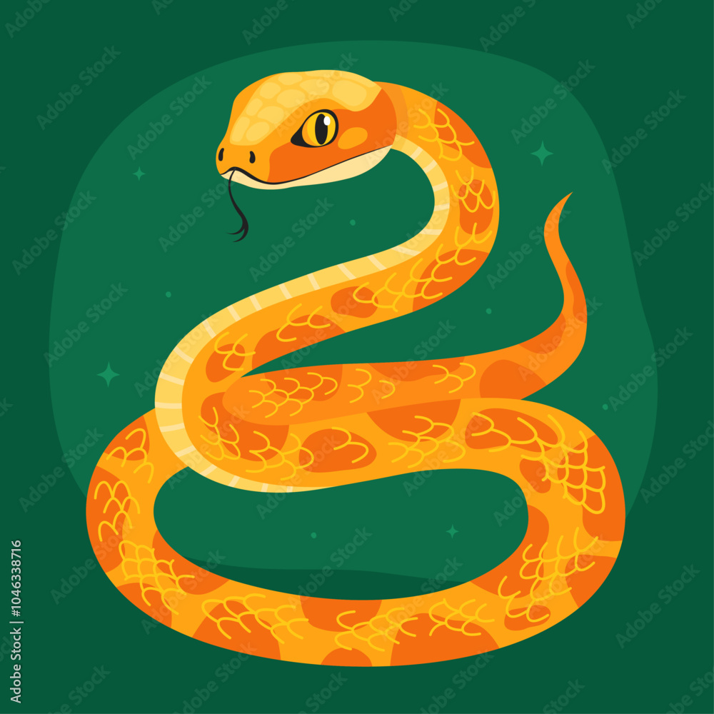 Obraz premium Cute yellow snake on a green background. New Year of the Snake, Lunar New Year or Chinese New Year. Animal zodiac cartoon character, mascot, symbol of the year. Illustration for greeting card.