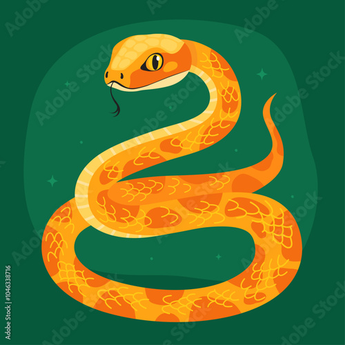 Cute yellow snake on a green background. New Year of the Snake, Lunar New Year or Chinese New Year. Animal zodiac cartoon character, mascot, symbol of the year. Illustration for greeting card.