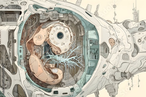 Intricate Cutaway Diagram of a Sensory Pod s Mechanical Interfaces and Neural Connections in a Retrofuturistic Aesthetic photo