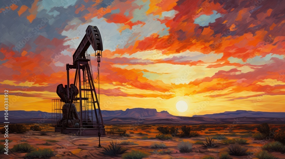 Naklejka premium The oil rig, silhouetted against the vibrant sunset sky, towers over the barren desert terrain