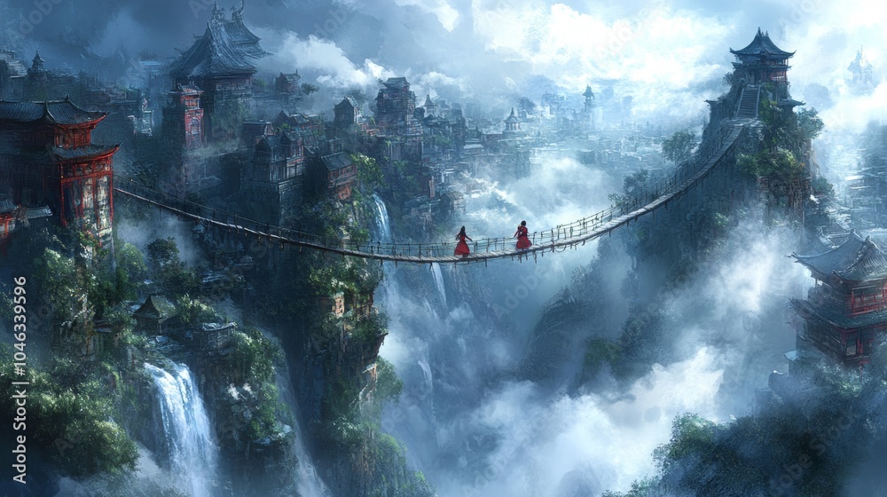Fototapeta premium Fantasy Asian Cityscape with Suspension Bridge and Waterfall