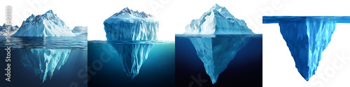 Set of an iceberg floating in the ocean, half above and half below the waterline, showing realistic textures of ice and water, isolated on transparent background. photo