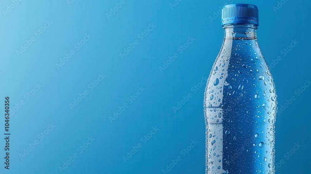 Closeup of condensation on a chilled water bottle, ice cold and refreshing, cold water bottle, hydration and refreshment