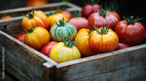 the farmer market is selling colorful  raf tomato with vine in the brown cardboard boxes photo