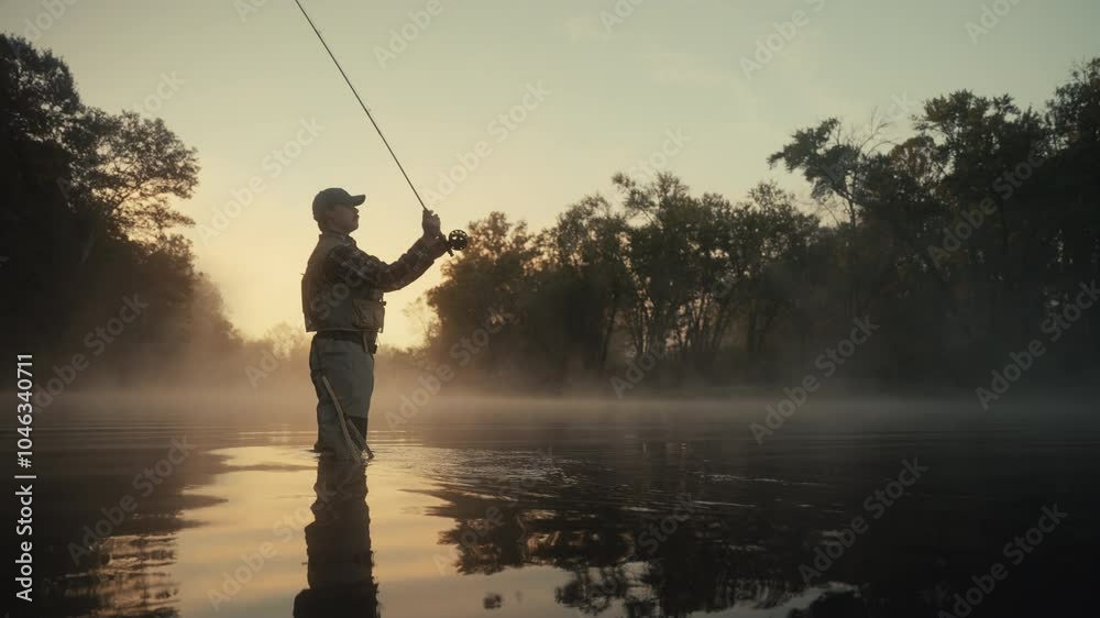 Young fly fisherman casting on a foggy river at sunrise Young fly fisherman casting on a foggy river at sunrise