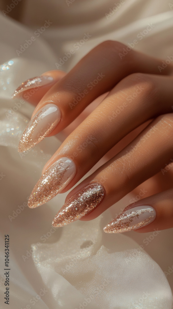 Naklejka premium Woman hand with manicure in fashion shimmering silver golden. Pretty elegant acrylic gel polish stiletto nail manicure wear armor long nails pose for spa salon xmas winter web advertising branding