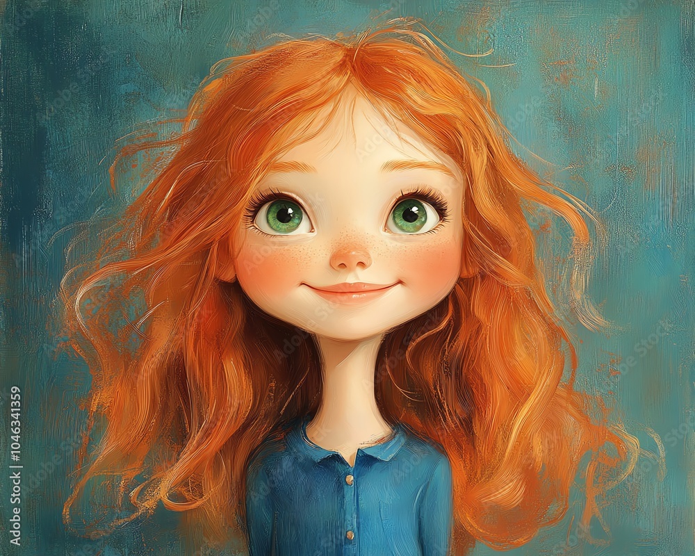 Obraz premium Charming portrait of a girl with flowing red hair, green eyes filled with joy, and a beaming smile, dressed in a blue shirt