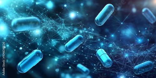 Group blue pills capsules floating air background is Explore blockchains impact photo