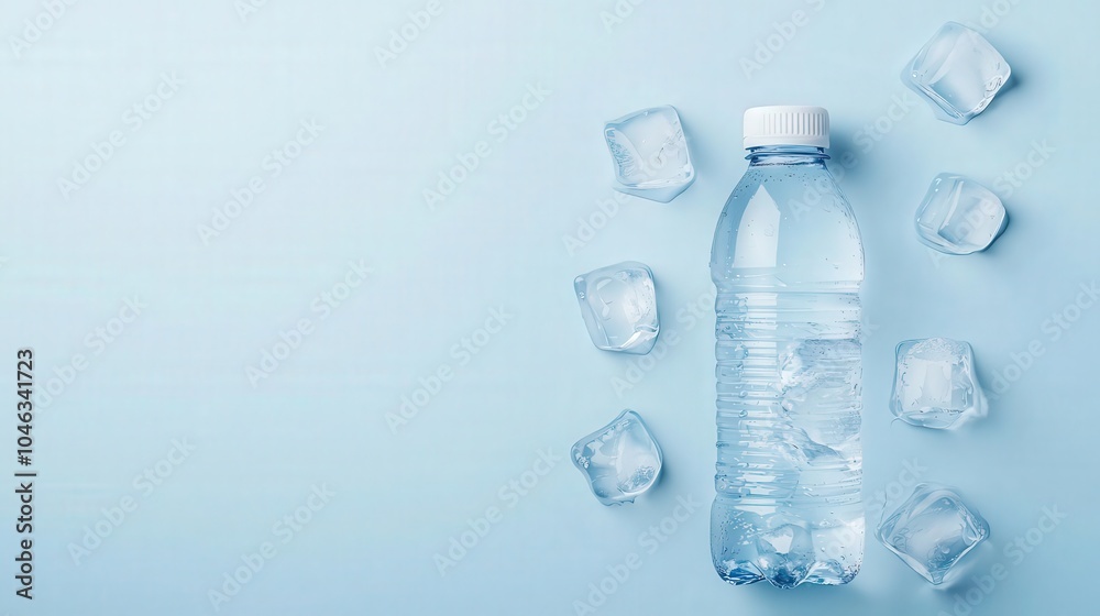 Crystalclear water bottle surrounded by ice cubes, condensation forming on the surface, symbolizing ultimate refreshment, water bottle with ice, cool and refreshing Crystalclear water bottle surrounded by ice cubes, condensation forming on the surface, symbolizing ultimate refreshment, water bottle with ice, cool and refreshing