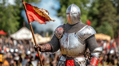 Medieval Knight in Full Armor Holding a Red Banner