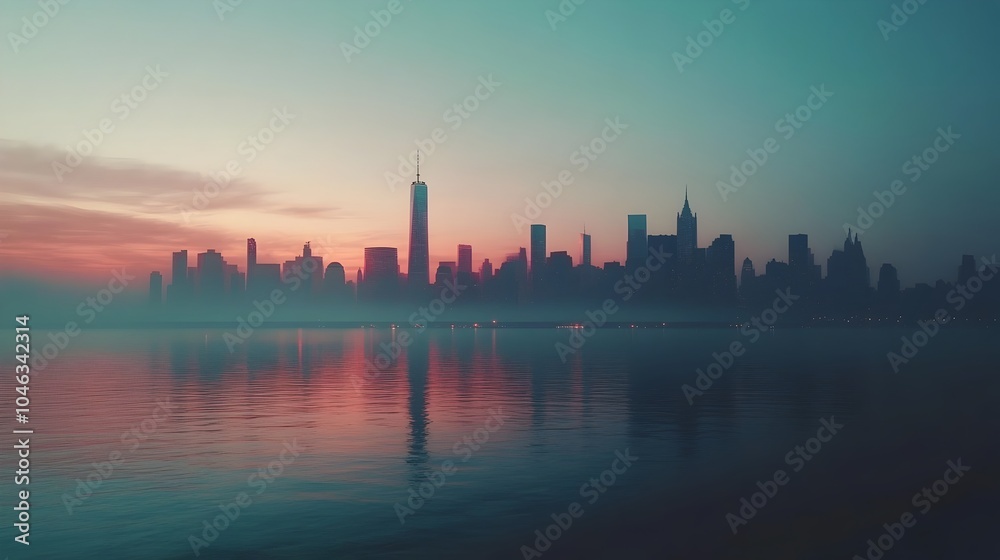 Serene Urban Skyline Reflected in Calm Waters at Sunset Serene Urban Skyline Reflected in Calm Waters at Sunset