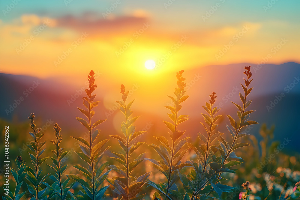 Silhouettes of Green Plants Against a Sunset Sky with a Golden Sun Silhouettes of Green Plants Against a Sunset Sky with a Golden Sun