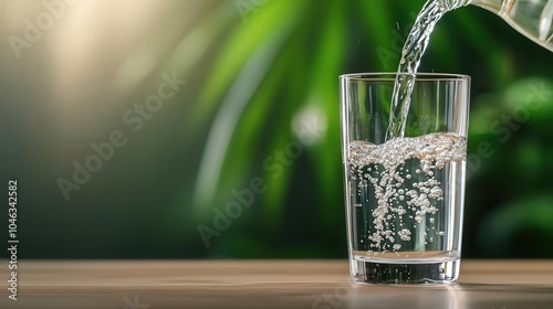 Water being poured into a clear glass, with bright sunlight shining through, capturing the purity of the water, water pouring, clean and refreshing