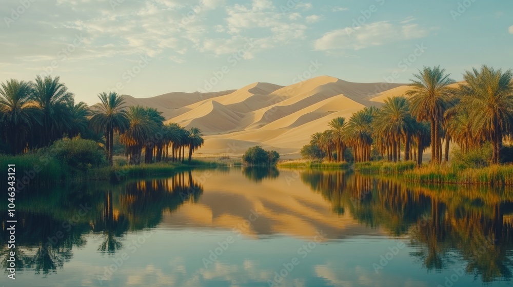 Fototapeta premium Desert Oasis with Palm Trees and Still Water Reflection