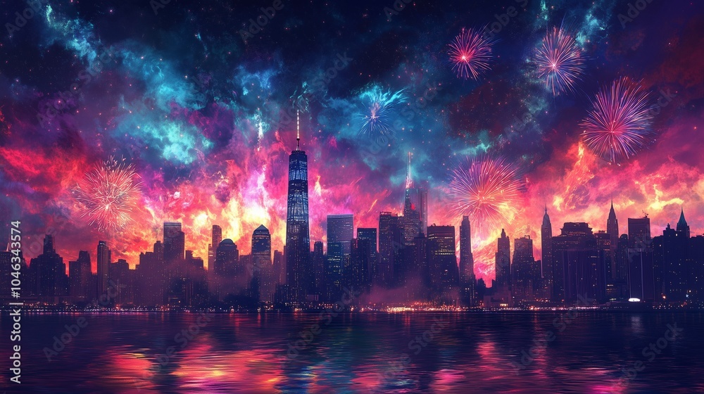 New Year’s Eve Fireworks Display – A night sky illuminated with colorful fireworks over a city skyline, celebrating New Year’s Eve. The design includes negative space in the sky for copy or messages New Year’s Eve Fireworks Display – A night sky illuminated with colorful fireworks over a city skyline, celebrating New Year’s Eve. The design includes negative space in the sky for copy or messages