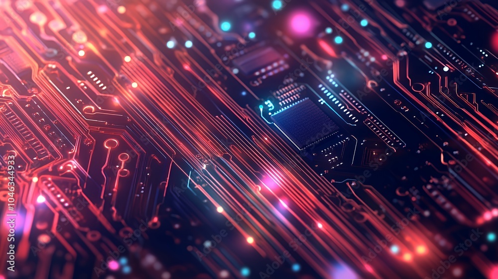 Abstract circuit board with glowing lines and a processor chip. Abstract circuit board with glowing lines and a processor chip.
