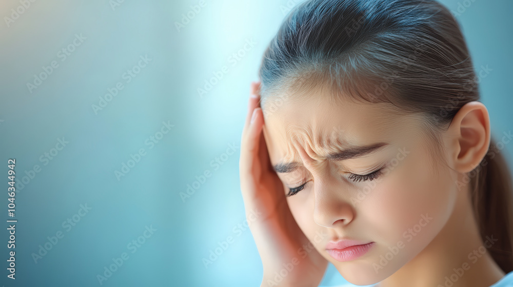 A young girl appears to have a headache, holding her hand to her temple with a pained expression on her face. A young girl appears to have a headache, holding her hand to her temple with a pained expression on her face.