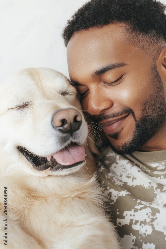 Heartwarming Bond Between Young African American Man and Golden Retriever Against Clean White Background Heartwarming Bond Between Young African American Man and Golden Retriever Against Clean White Background