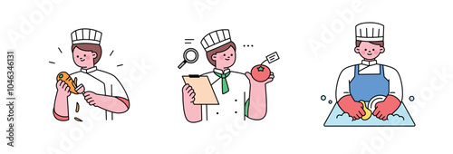A chef's day includes chopping vegetables, checking ingredients, and washing dishes. outline simple vector illustration.