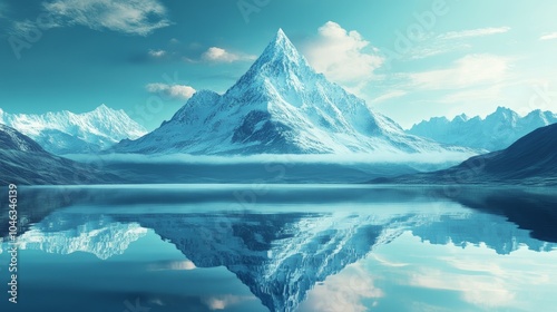 Majestic mountain range, a perfect geometric diamond floating above the water, reflecting into the lake, creating a surreal mirrored effect, glowing abstract light