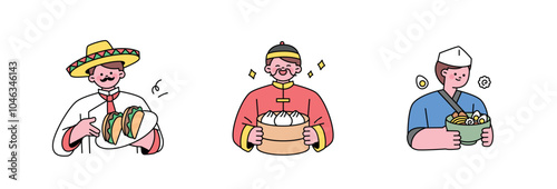 Characters dressed in traditional Mexican, Chinese and Japanese attire are holding tacos, dumplings and udon noodles. outline simple vector illustration.