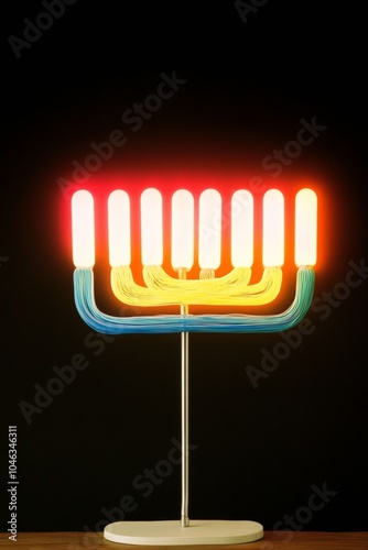 Vibrant Neon Menorah Sculpture Against Black Background - Minimalist Aesthetic in Stock photo