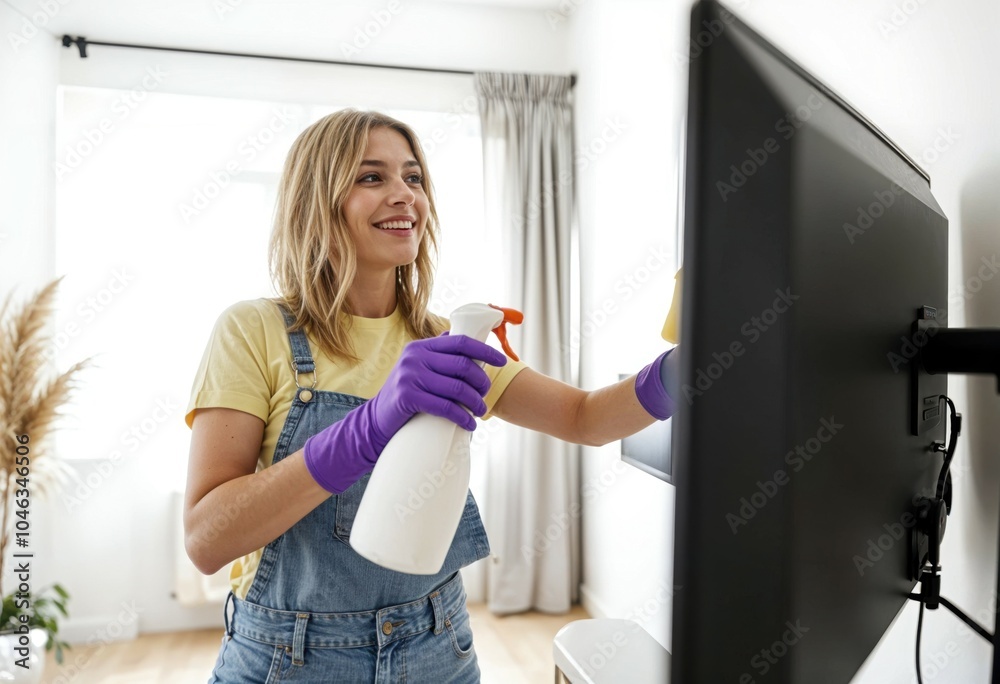 Woman Cleaning TV Screen with Spray and Cloth Woman Cleaning TV Screen with Spray and Cloth