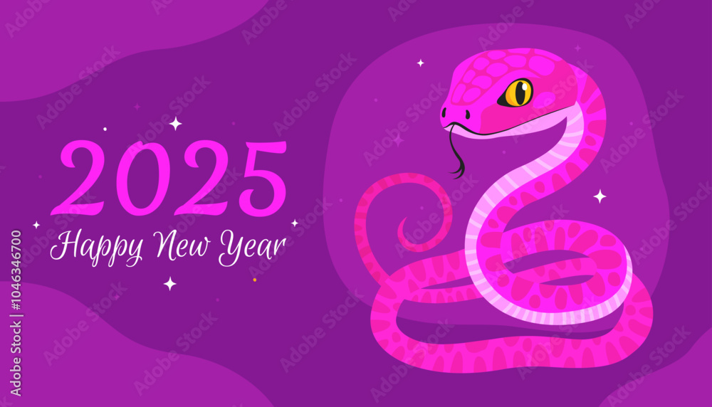 Fototapeta premium Happy 2025 New Year of the Snake, Lunar New Year or Chinese New Year. Zodiac animal cartoon character. Greeting card or banner with cute pink snake, purple background.