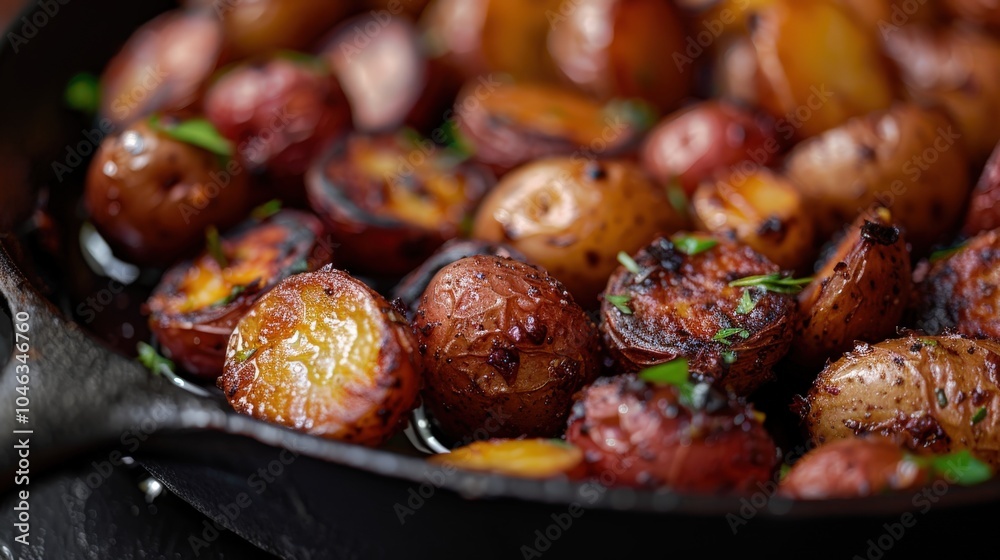 Close-Up of Rustic Roasted Baby Potatoes in Black Iron Skillet Against Dark Grey Background Close-Up of Rustic Roasted Baby Potatoes in Black Iron Skillet Against Dark Grey Background