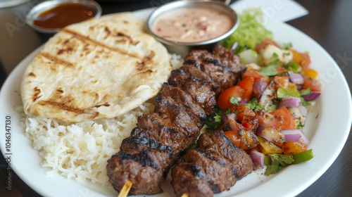 delicious kebab with juicy grilled meat, fresh vegetables, and warm pita bread, served with a side of tangy sauce