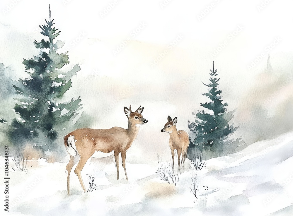 Watercolor Painting of Deer in Snowy Landscape with Evergreen Trees Generative AI Watercolor Painting of Deer in Snowy Landscape with Evergreen Trees Generative AI