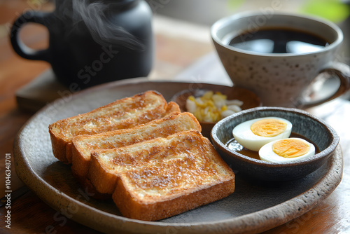 Golden brown Kaya toast paired with soft-boiled eggs, featuring perfectly runny yolks photo