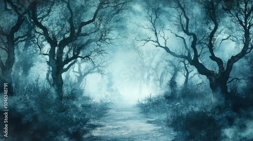 Spooky Forest with Twisted Trees and Foggy Path for Halloween or Horror Themes Generative AI