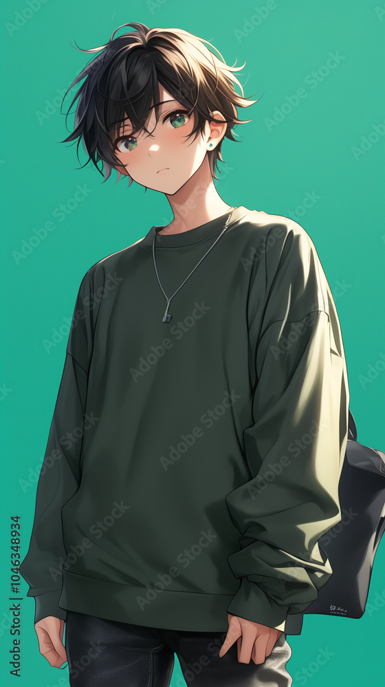 Obraz premium Charming Japanese Anime Boy Posing Against Vibrant Green Background Enchanted With Anime Character Simplicity.
