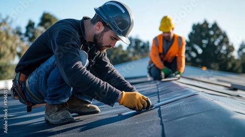 Roof maintenance crew performing routine checks and repairs on a commercial building, ensuring long-term roof integrity