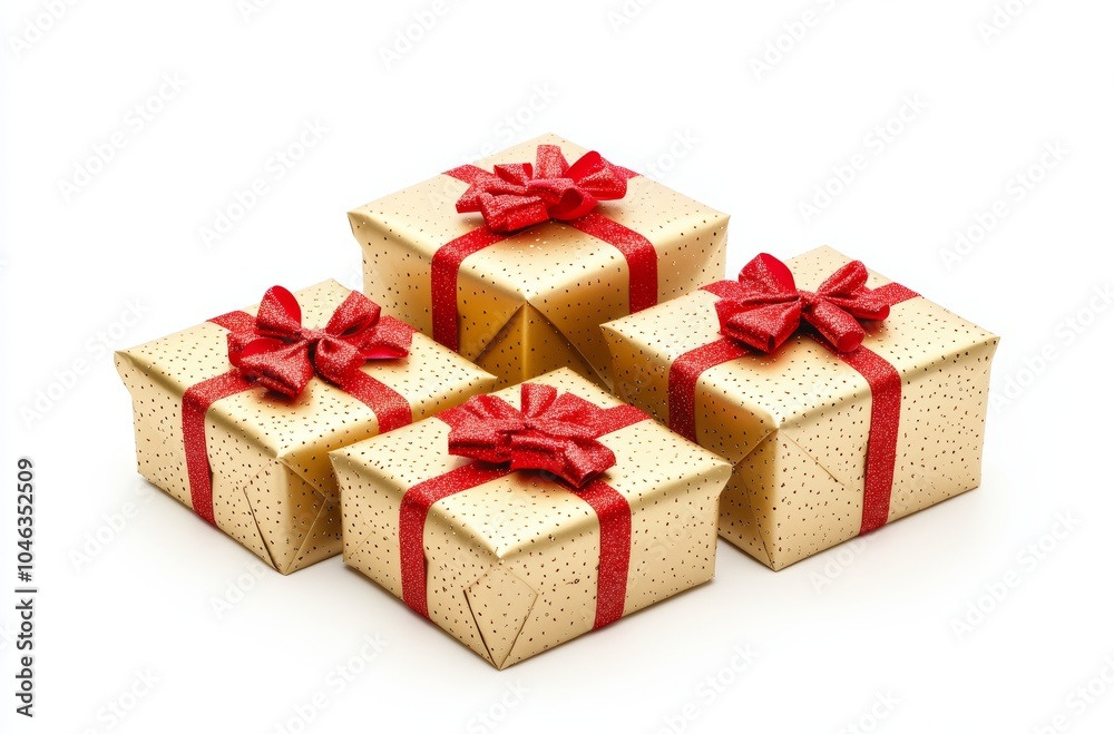 Three Christmas Gift Boxes Wrapped in Gold Paper with Red Ribbons on White Background Generative AI Three Christmas Gift Boxes Wrapped in Gold Paper with Red Ribbons on White Background Generative AI