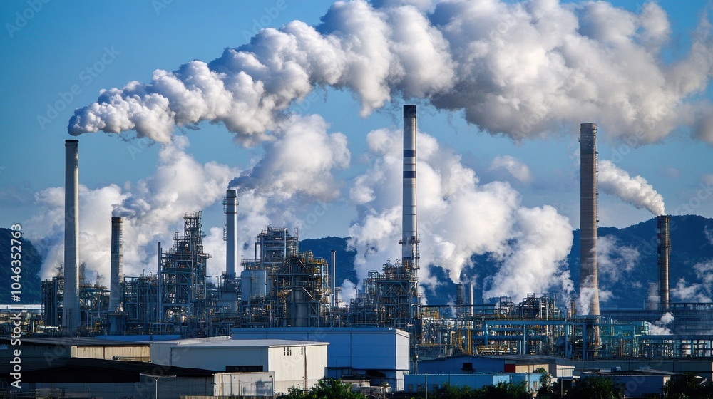 A large industrial plant with smoke billowing out of it. The smoke is coming from the top of the plant, and it is a very large and imposing structure. The plant is surrounded by trees and hills A large industrial plant with smoke billowing out of it. The smoke is coming from the top of the plant, and it is a very large and imposing structure. The plant is surrounded by trees and hills