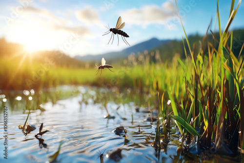 Mosquitoes in flight over serene waters a glimpse of nature's delicate balance photo