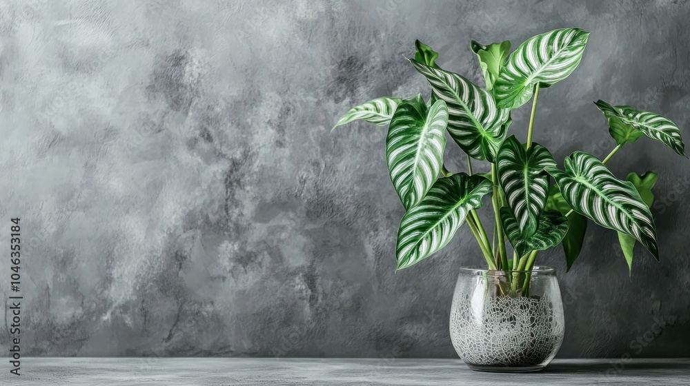 A plant is in a clear vase on a table. The vase is on a wall A plant is in a clear vase on a table. The vase is on a wall