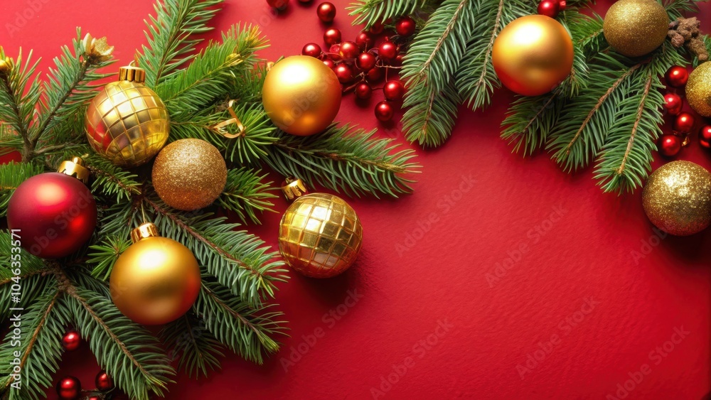 Fototapeta premium Festive Christmas decoration with gold and red ornaments, pine branches, and a red background