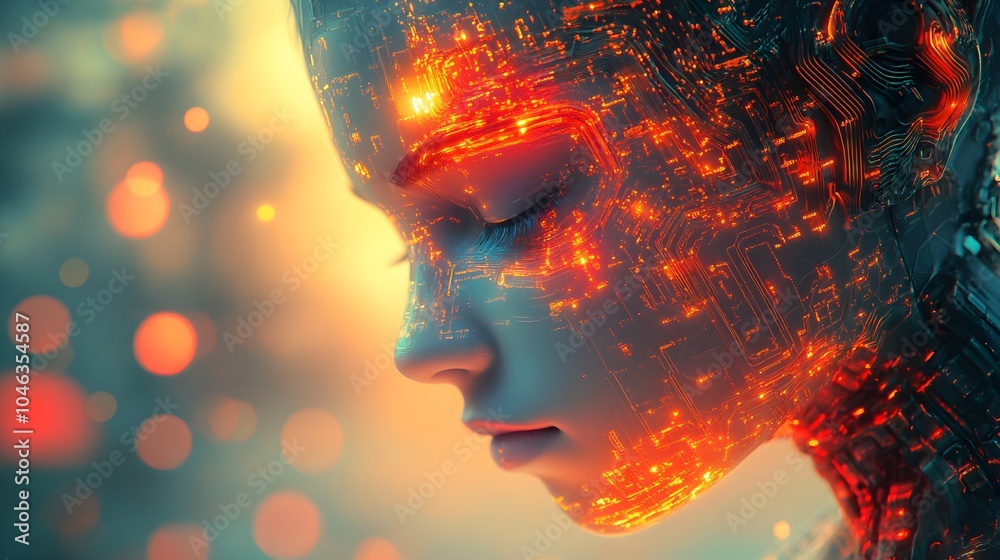 Cerebral AI robot in meditation, circuitry patterns across its glowing head, Integration of AI and human awareness, Watercolor effect, Futuristic, Muted colors Cerebral AI robot in meditation, circuitry patterns across its glowing head, Integration of AI and human awareness, Watercolor effect, Futuristic, Muted colors