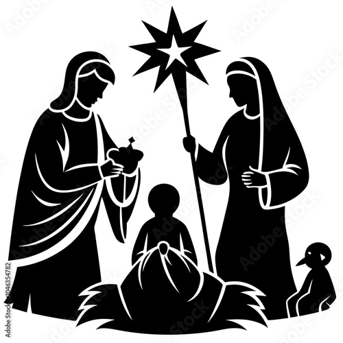 Nativity Scene A minimalist silhouette of the nativity scene, featuring Mary, Joseph, and baby Jesus