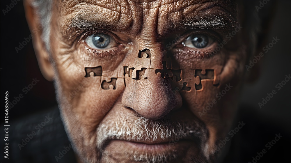 Close-up of an old man's face, missing puzzle pieces reveal darkness underneath, symbolizing memory loss, brain plasticity, and mental health deterioration Close-up of an old man's face, missing puzzle pieces reveal darkness underneath, symbolizing memory loss, brain plasticity, and mental health deterioration